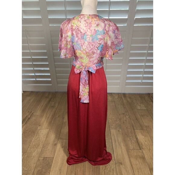 Vtg 70s Roberta California Red Pink Chiffon Floral Maxi Dress S 5 Boho Hippie - Picture 4 of 12